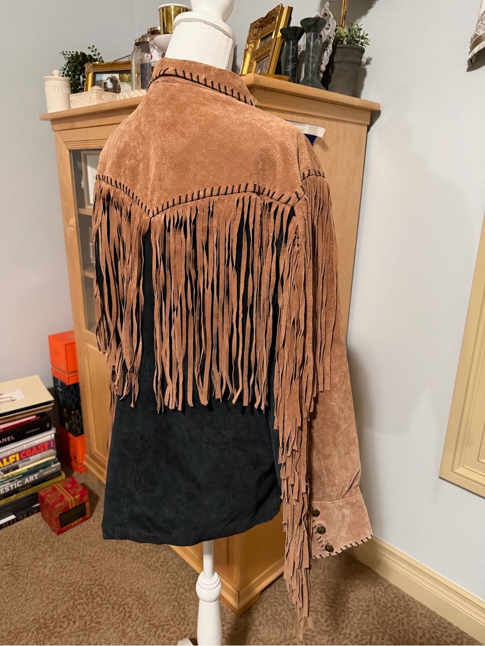 80s Bob Mackie Vintage Fringed Leather Suede Western Jacket Brown & Black Size L - Picture 15 of 15